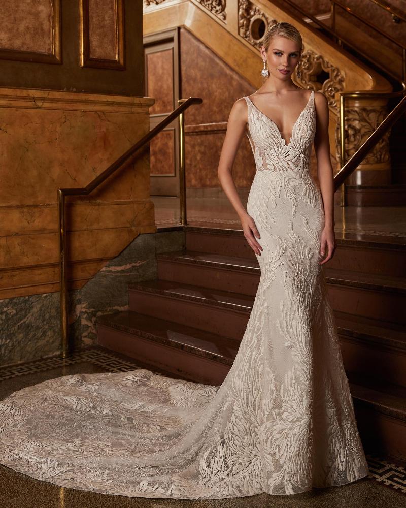 122122 lace v neck wedding dress with straps and sheath silhouette2